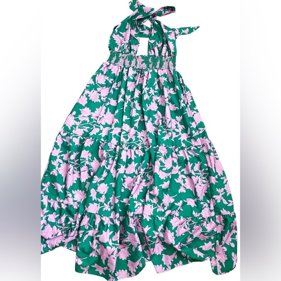 Floral Halter Maxi Dress Green Pink Tiered Vacay Cruise Ruffle Shirred Resort XL - Picture 8 of 10